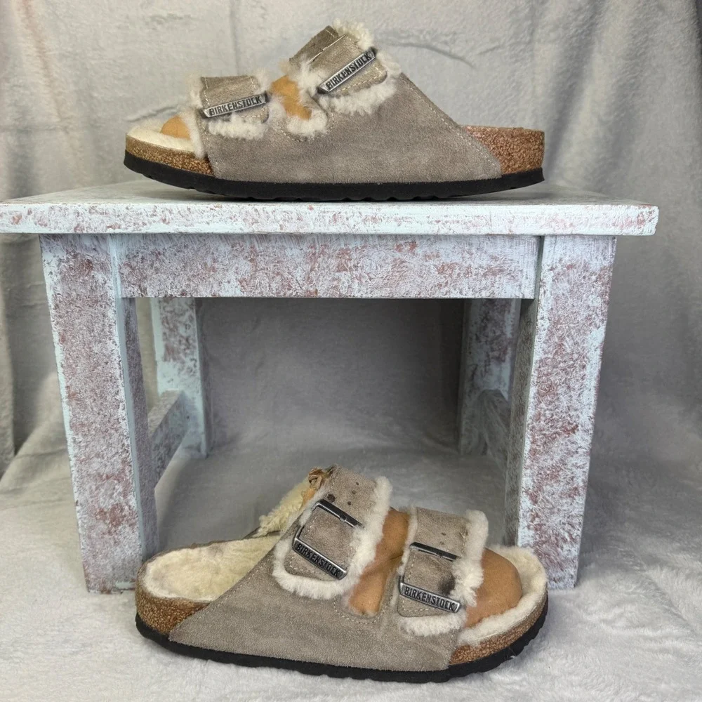 Birkenstock Arizona Shearling Sandals Womens 37 Taupe Suede Double Strap Slides